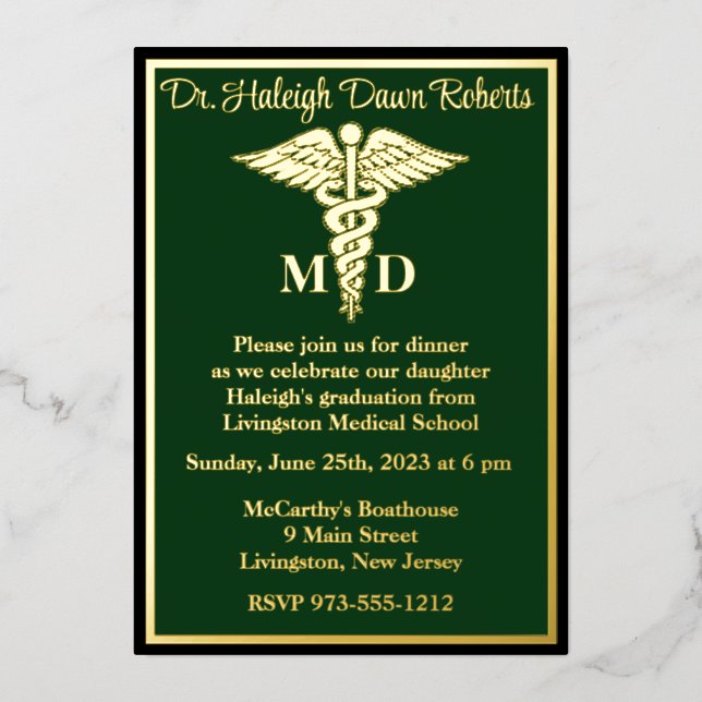 Invitación Con Relieve Metalizado Licenciatura en Medicina, Verde/Oro (Anverso)