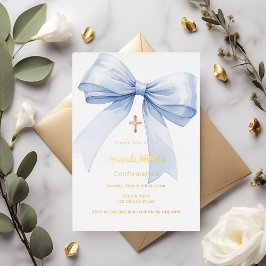 Invitación Con Relieve Metalizado Light blue bow girl Confirmation gold foil