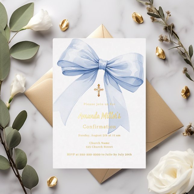 Invitación Con Relieve Metalizado Light blue bow girl Confirmation gold foil (Subido por el creador)