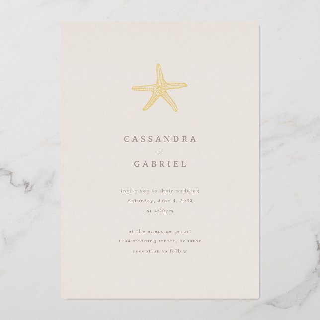 Invitación Con Relieve Metalizado Lihue Boda Gold Starfish (Anverso)