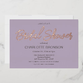 Invitación Con Relieve Metalizado Lila Escritura Minimalista Ducha de Novia Rosa Dor