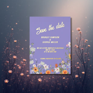 Invitación Con Relieve Metalizado lila flor silvestre boda de verano guardar la fech