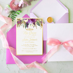 Invitación Con Relieve Metalizado Lila Floral Brillante Ametista Quinceañera  