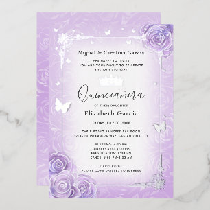 Invitación Con Relieve Metalizado Lila Lavanda Floral Quinceañera Plata