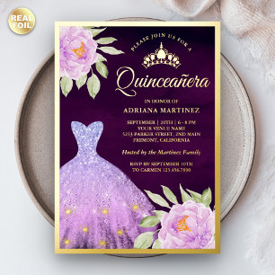 Invitación Con Relieve Metalizado Lilac Floral Gown Purple Quinceanera Gold