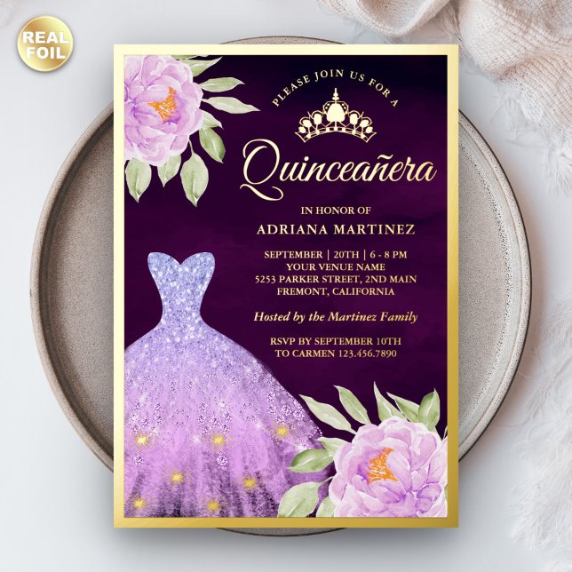 Invitación Con Relieve Metalizado Lilac Floral Gown Purple Quinceanera Gold (Subido por el creador)