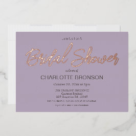 Invitación Con Relieve Metalizado Lilac Guión Minimalista Bridal Shower Rosa Gold