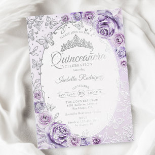 Invitación Con Relieve Metalizado Lilac Púrpura Floral Quinceañera Plata