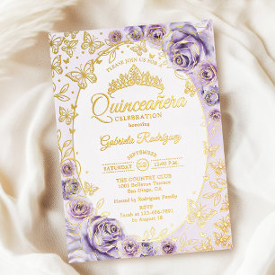 Invitación Con Relieve Metalizado Lilac Púrpura Quinceañera Floral Dorada
