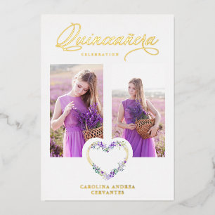 Invitación Con Relieve Metalizado Lilac romántico tila foto del corazón floral de or