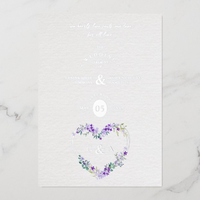 Invitación Con Relieve Metalizado Lilac Shades Heart Luxury Romantic Botanical  (Anverso)