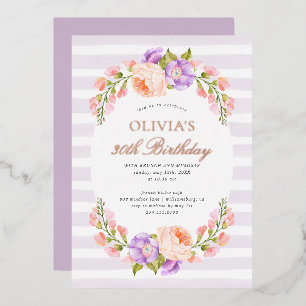 Invitación Con Relieve Metalizado Lilac Stripe y Bloom Birthday Brunch Fiesta