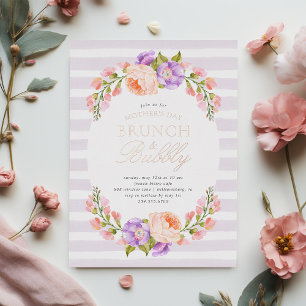 Invitación Con Relieve Metalizado Lilac Stripe y Bloom Brunch del Día de la Madre en