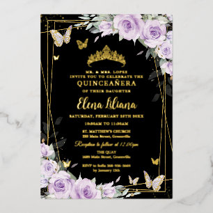 Invitación Con Relieve Metalizado Lilas Púrpura Rosas Floral Quinceañera Negro Oro