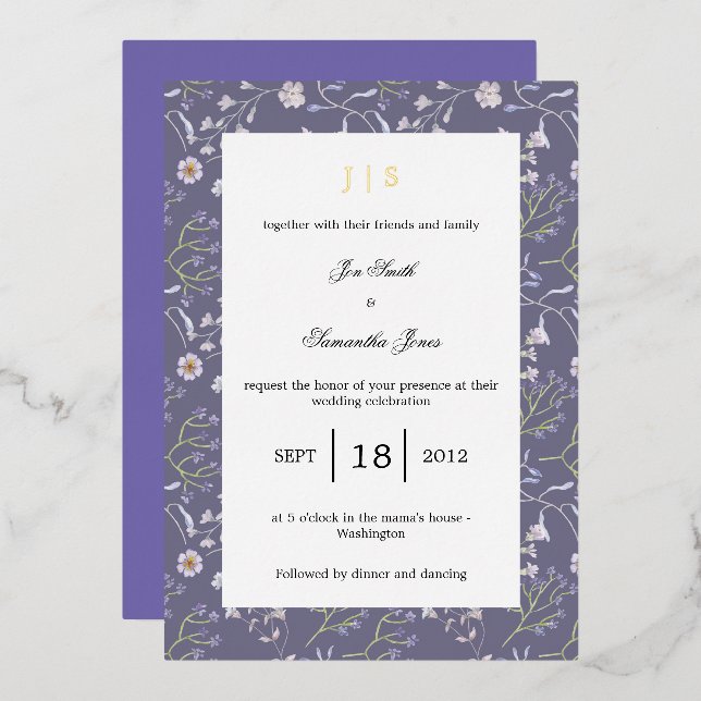 Invitación Con Relieve Metalizado lilo floral púrpura (Anverso/Reverso)