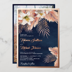 Invitación Con Relieve Metalizado Lily Blanca Boho Pampas Azul Marino Boda Rosa Dora
