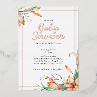 Invitación Con Relieve Metalizado Lily Floral Naranja Watercolor Elegante Baby Showe