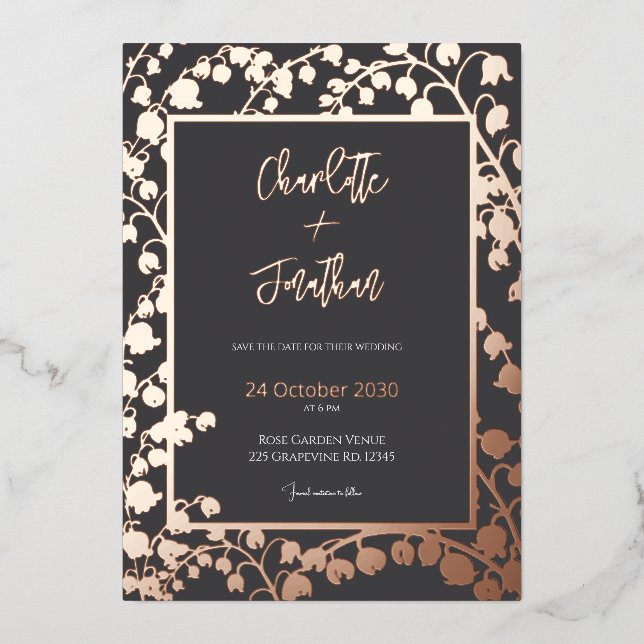 Invitación Con Relieve Metalizado Lily of the Valley Floral Garden Wedding Gold (Anverso)