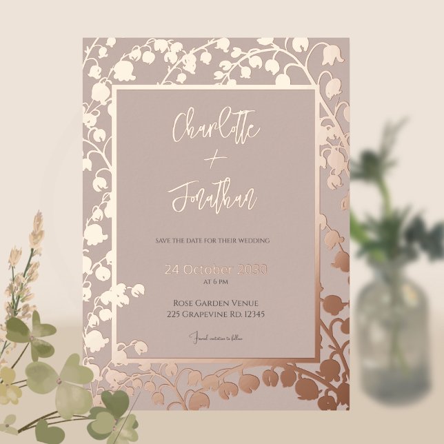 Invitación Con Relieve Metalizado Lily of the Valley Floral Garden Wedding Gold F (Subido por el creador)