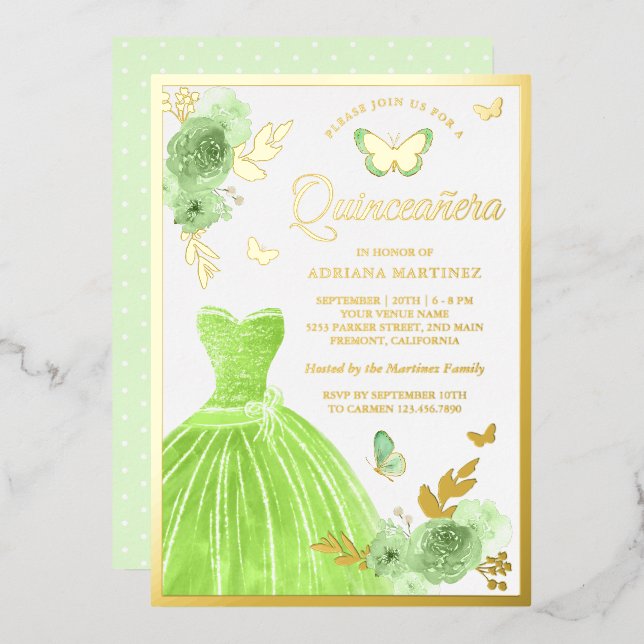 Invitación Con Relieve Metalizado Lime Green Flor Vestido Mariposa Quinceanera Gold (Anverso/Reverso)