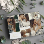 Invitación Con Relieve Metalizado Limpiar las fotos e iniciativas modernas para guar<br><div class="desc">Doble cara guardar la tarjeta de fecha con un collage limpio de cinco fotos en un lado con tus iniciales y fecha de boda en Relieve metalizado de oro, y una foto más grande en el otro con más información sobre tu boda. Moderno guarde la tarjeta de fecha con un...</div>