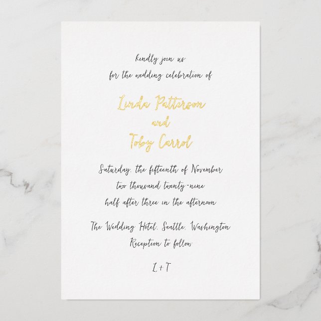 Invitación Con Relieve Metalizado Linda simple Boda moderna (Anverso)