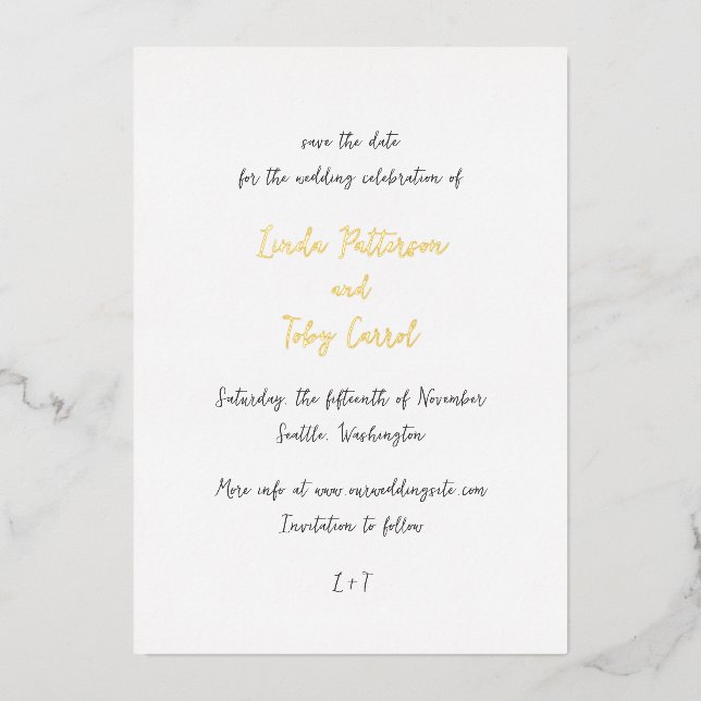 Invitación Con Relieve Metalizado Linda simple boda moderna salva la fecha (Anverso)