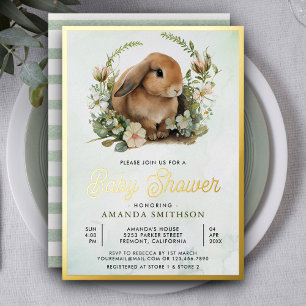 Invitación Con Relieve Metalizado Lindo Conejo Verde Salvia Floral Baby Shower Dorad