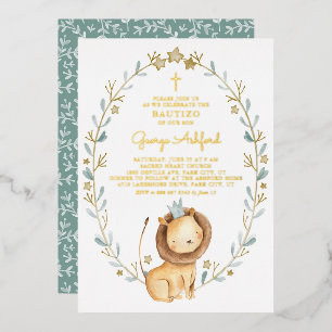 Invitación Con Relieve Metalizado Lindo León Príncipe Acuarela Bautizo Niño