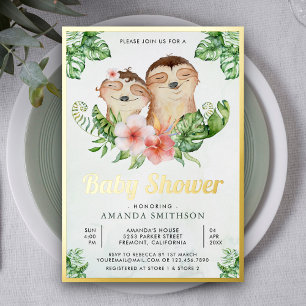 Invitación Con Relieve Metalizado Lindos Adorables Gemelos Perezosos Florales Cumple