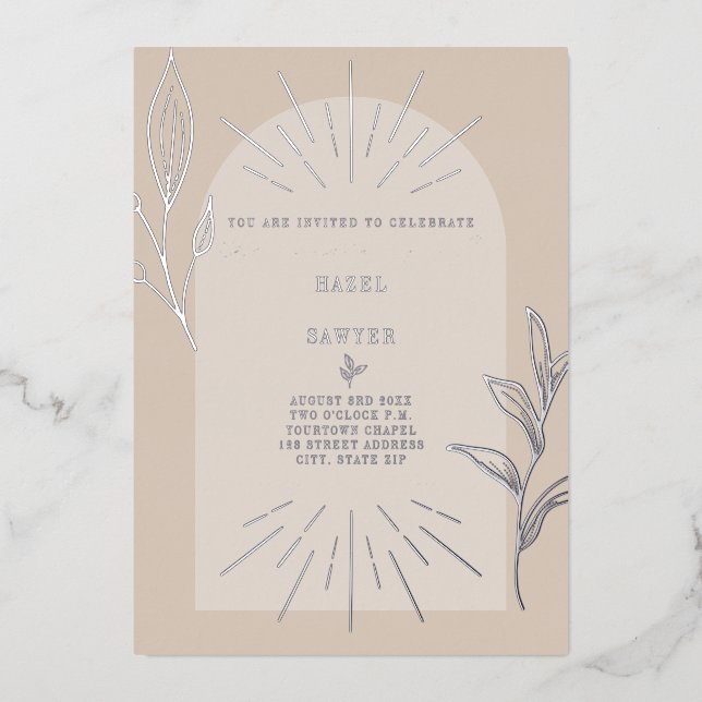 Invitación Con Relieve Metalizado Line Art Arch Botanical Tan (Anverso)