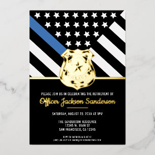 Invitación Con Relieve Metalizado Línea Azul Fina de Jubilación de la Policía Aplica
