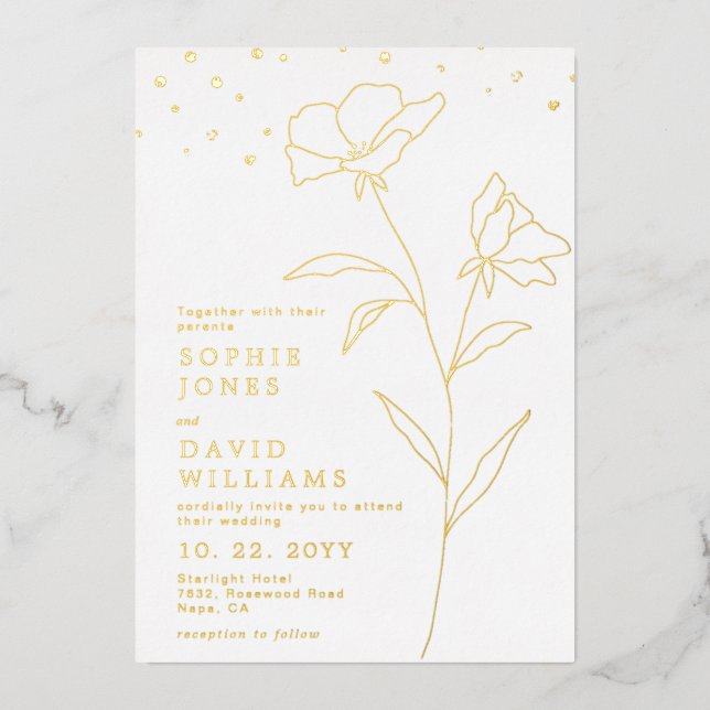 Invitación Con Relieve Metalizado Línea Botánica Arte Flor Boda Elegante Real (Anverso)