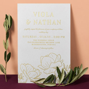 Invitación Con Relieve Metalizado Línea de Verdor Floral Boda de Arte Blanco y Oro