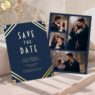Invitación Con Relieve Metalizado Líneas Art Déco Navy Gold Boda Guardar la Fecha