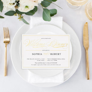 Invitación Con Relieve Metalizado Líneas Simples Caligrafía Elegante Bienvenida Cena