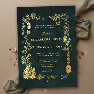 Invitación Con Relieve Metalizado Linterna verde esmeralda de cuento de hadas para b