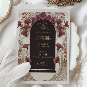 Invitación Con Relieve Metalizado Lirio de Calla Púrpura Negro Boda Art Nouveau Much