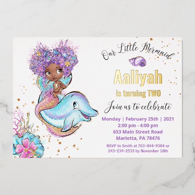 Invitación Con Relieve Metalizado Little Afroamerican Mermaid Birthday Real (Anverso)