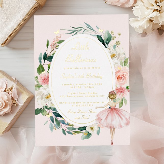 Invitación Con Relieve Metalizado Little Ballerina Gold Butterfly Kids Cumpleaños (Subido por el creador)