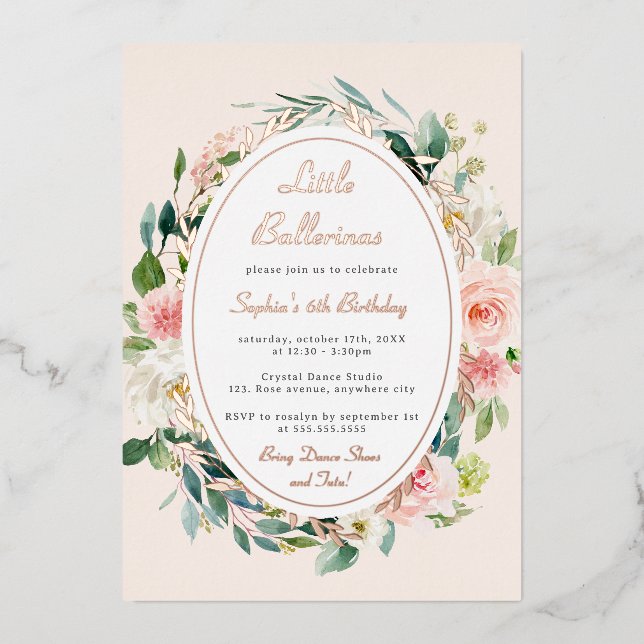 Invitación Con Relieve Metalizado Little Ballerina Kids Birday Rosa Gold Floral (Anverso)