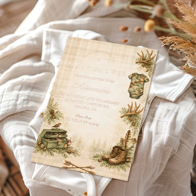 Invitación Con Relieve Metalizado Little Hunter Woodland Keepsake Baby Shower (Subido por el creador)