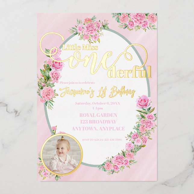 Invitación Con Relieve Metalizado Little Miss ONEderful 1st First Birthday (Anverso)