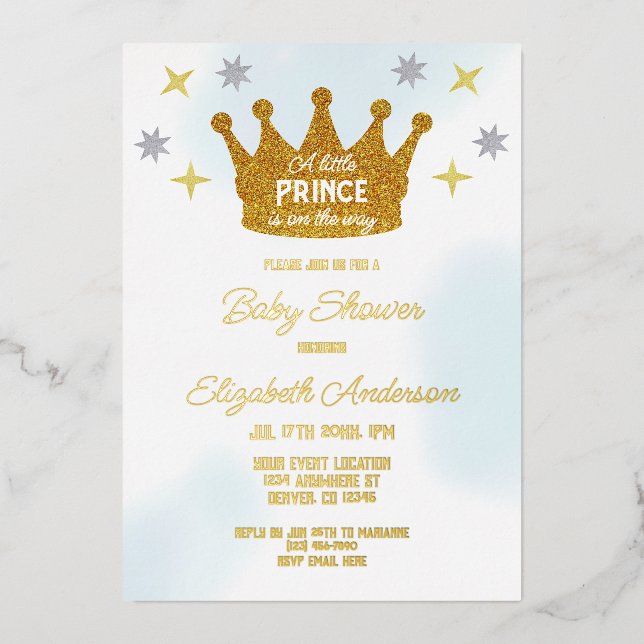Invitación Con Relieve Metalizado Little Prince Boy Baby Shower (Anverso)
