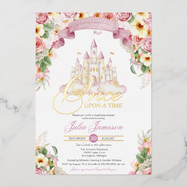 Invitación Con Relieve Metalizado Little Princess Castle Baby Shower Fairytale Real (Anverso)