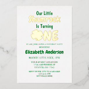 Invitación Con Relieve Metalizado Little Shamrock 1er cumpleaños