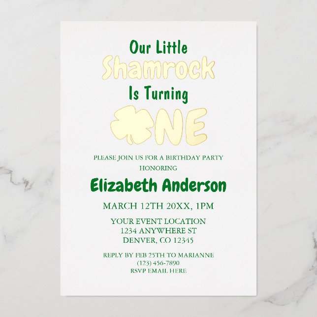 Invitación Con Relieve Metalizado Little Shamrock 1er cumpleaños (Anverso)