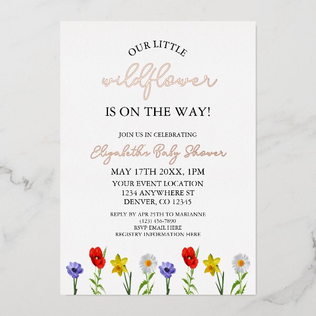 Invitación Con Relieve Metalizado Little Wildflower Baby Shower (Anverso)