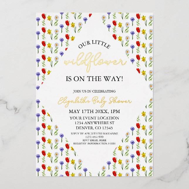Invitación Con Relieve Metalizado Little Wildflower Baby Shower (Anverso)