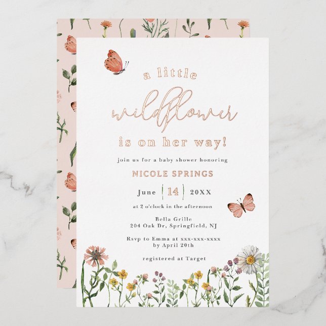 Invitación Con Relieve Metalizado Little Wildflower Baby Shower Rosa Gold (Anverso/Reverso)